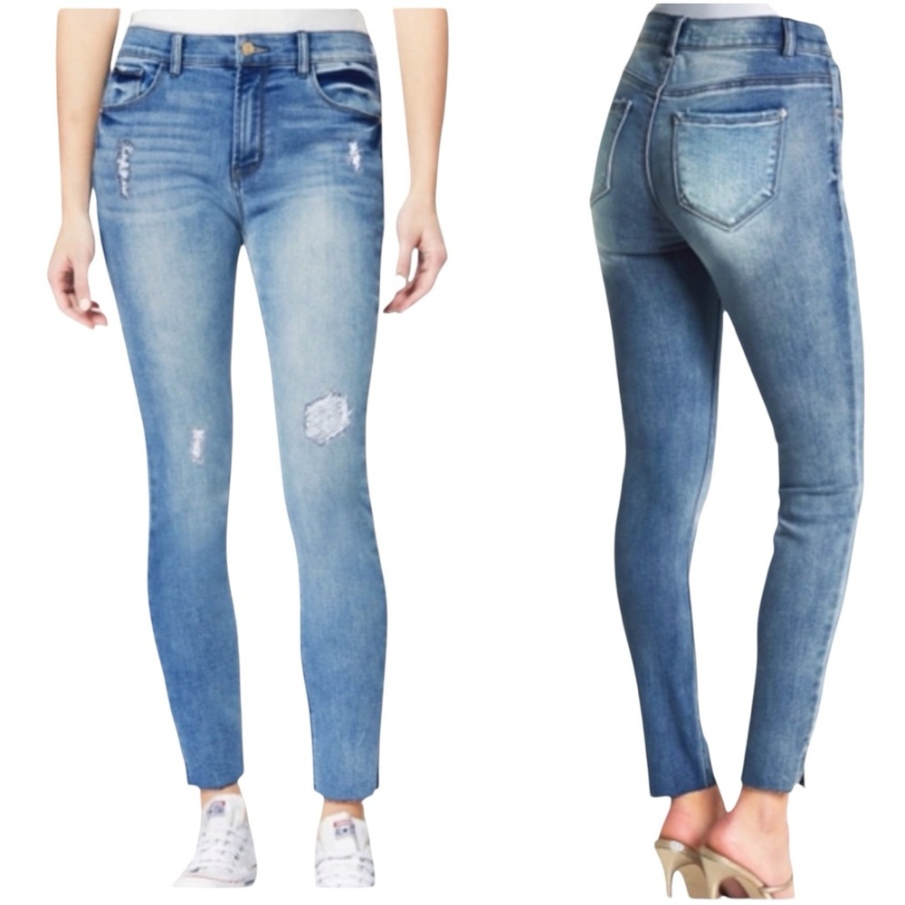 Kensie Dare Me Ankle High Rise Jeans Destructed Faded Denim SZ 2 / 26 Frayed Hem